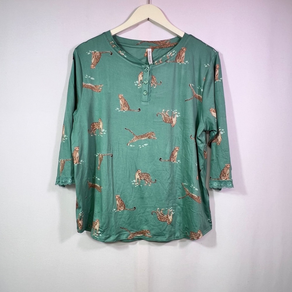 Flora Nikrooz Teal Leopard Print Henley Pajama Set Lace Trim 2 Piece Loungewear - Picture 2 of 12